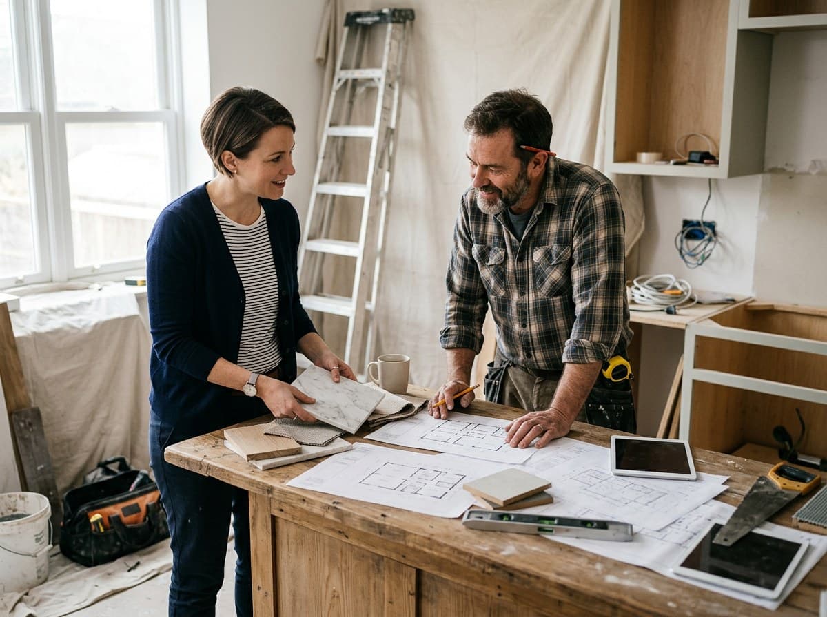 A Homeific designer and contractor reviewing plans mid renovation
